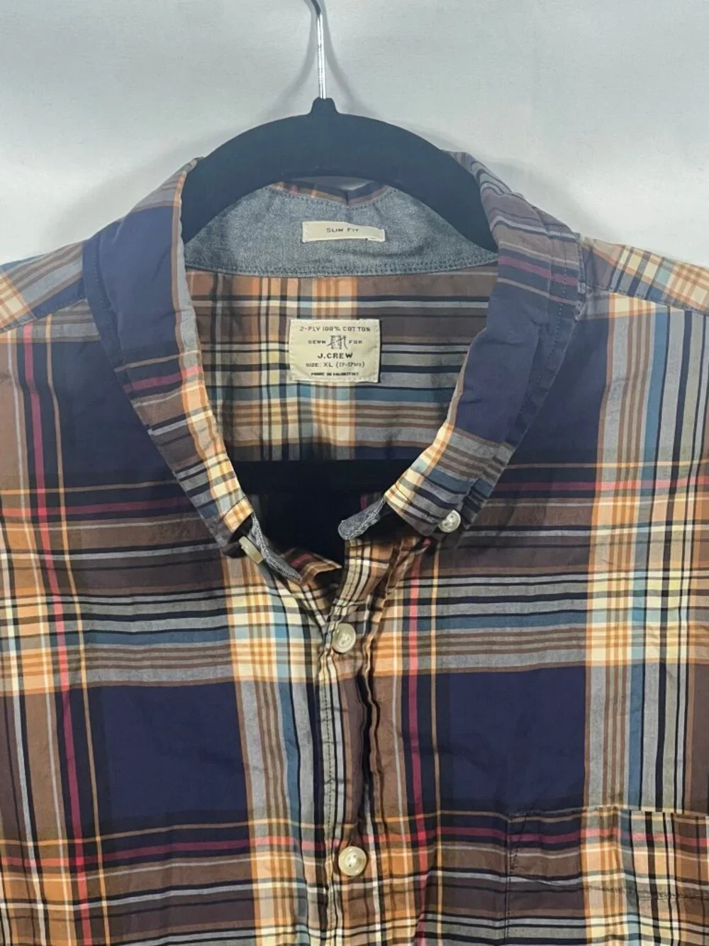 J Crew Shirt Mens Casual Button Down Shirt 2 Ply Cotton XL Slim Fit Plaid Preppy